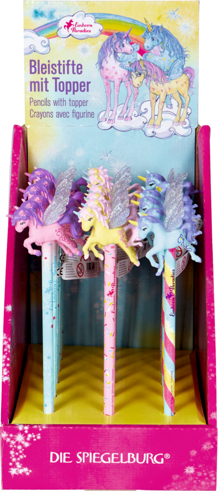 Schachtel mit Bleistiften mit bunten Einhorn-Aufsätzen und Flügeln, beschriftet mit „Bleistifte mit Aufsatz“.