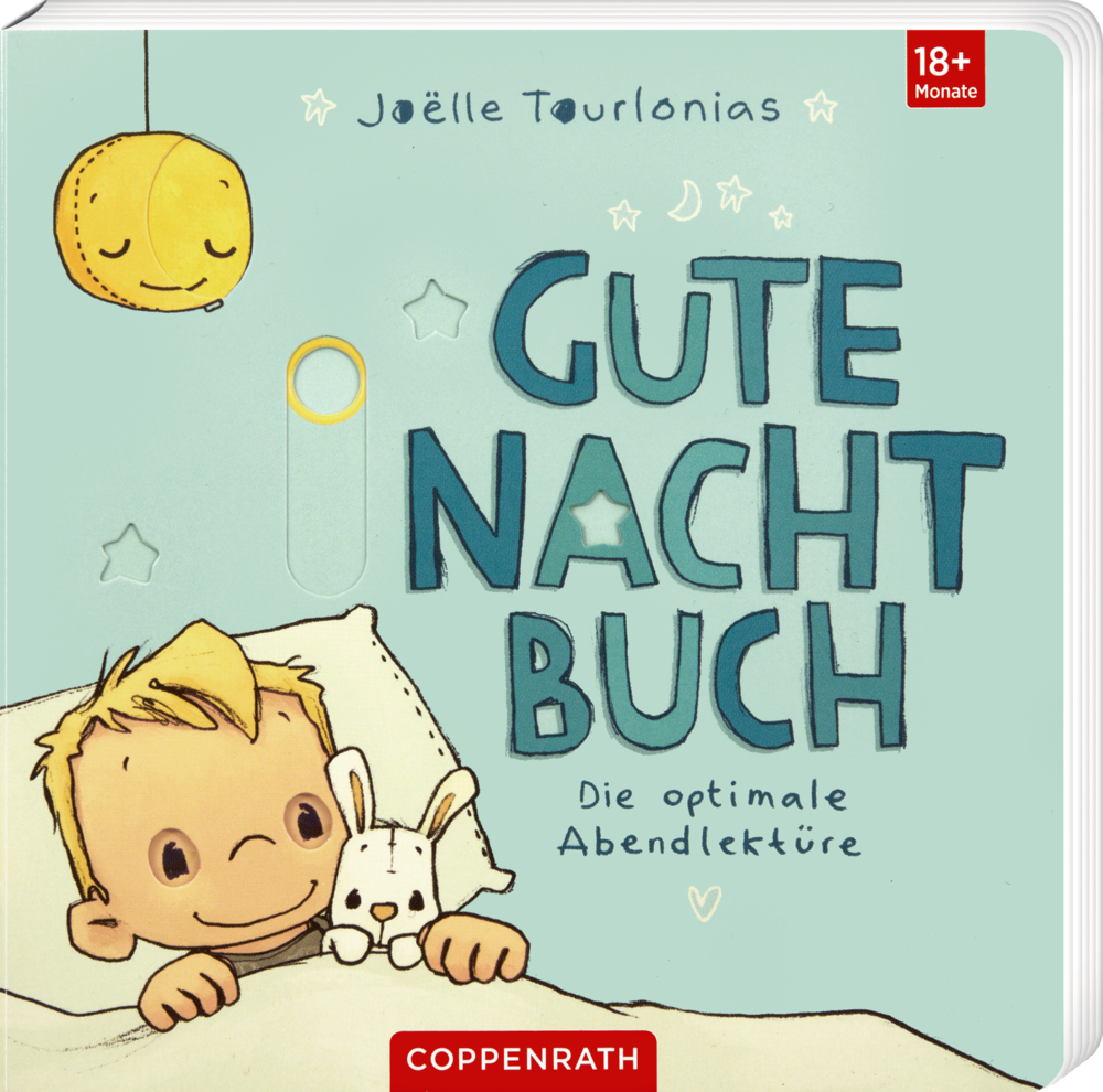 GuteNachtBuch - Die optimale Abendlektüre (J. Tourlonias) Pappbuchcover mit gezeichnetem Kind im Bett mit Stoffhase und lächelndem Mond am Himmel.