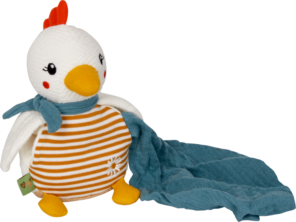 Kuscheltier mit Schnuffeltuch Huhn - Little Wonder Plüschhuhn mit orange gestreiftem Bauch, blauem Schal und einem blauen Tuch in der Hand.