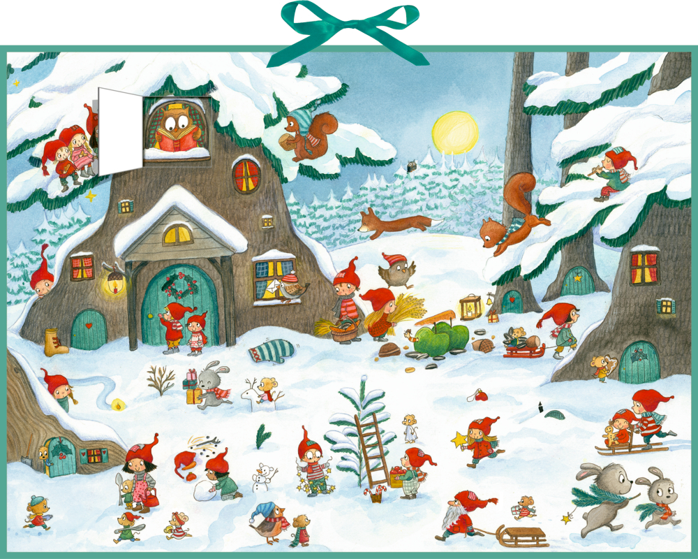Im Wichtel-Winterwald, Wimmel-Wand-Adventskalender Niedliche Zwerge und Tiere spielen und arbeiten im Winter rund um ein schneebedecktes Baumhaus.