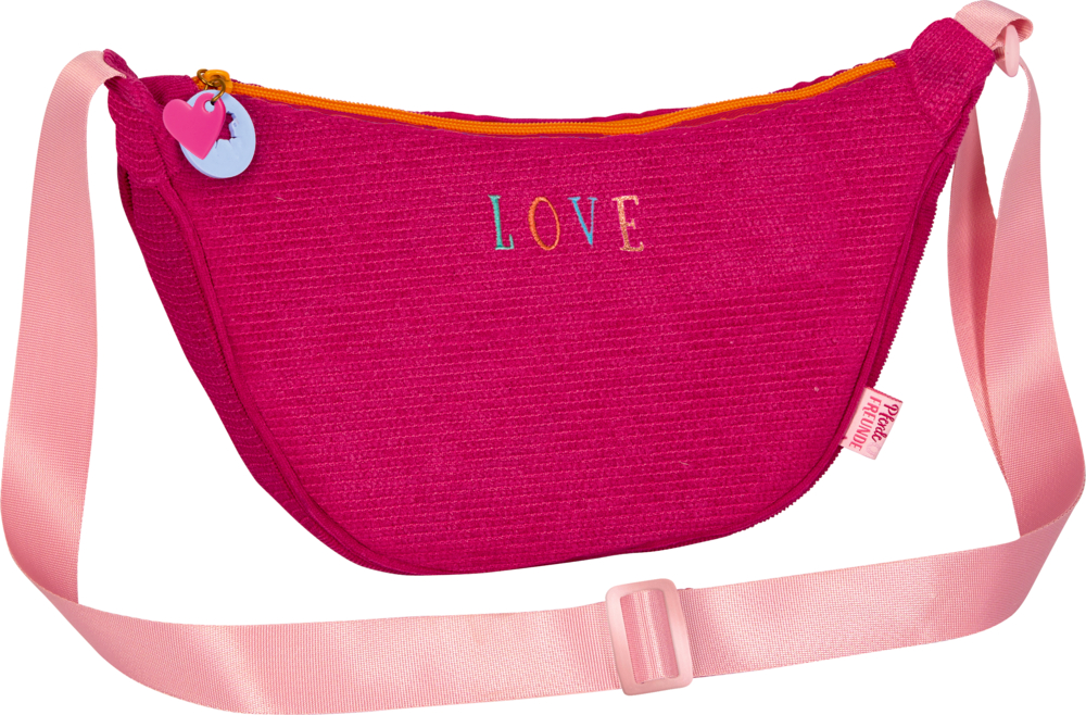 Leuchtend pinke Umhängetasche mit „LOVE“-Schriftzug, rosa Riemen, orangefarbenem Reißverschluss und Herzanhänger.