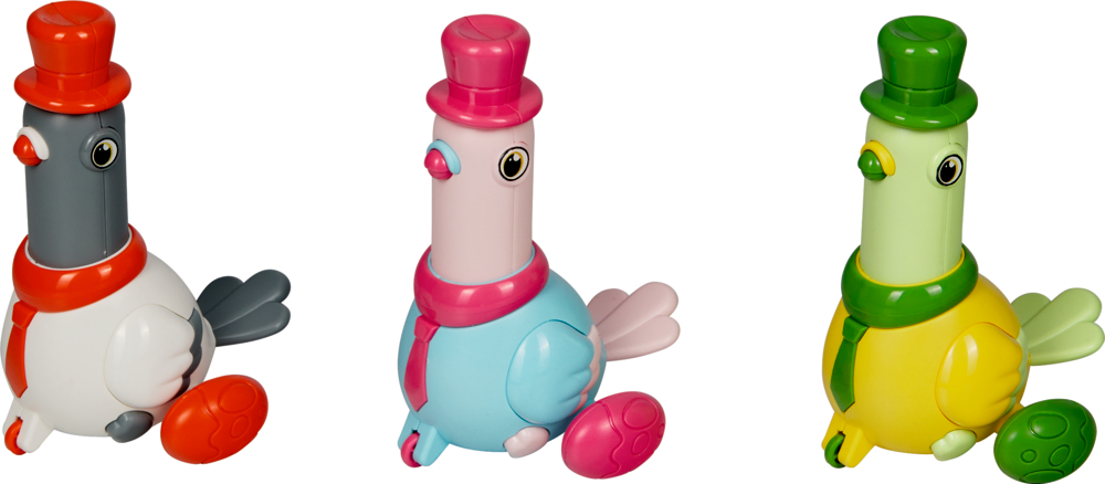 Drei bunte Spielzeugtauben tragen Hüte und Krawatten. Daneben jew. Ein andersfarbiges Ei.