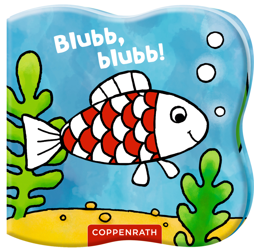 Mein Zauber-Badebuch: Blubb, blubb! Badebuch-Cover mit rot-weißer geschupptem Fisch, der unter Wasser zwischen Algen und Blasen schwimmt.
