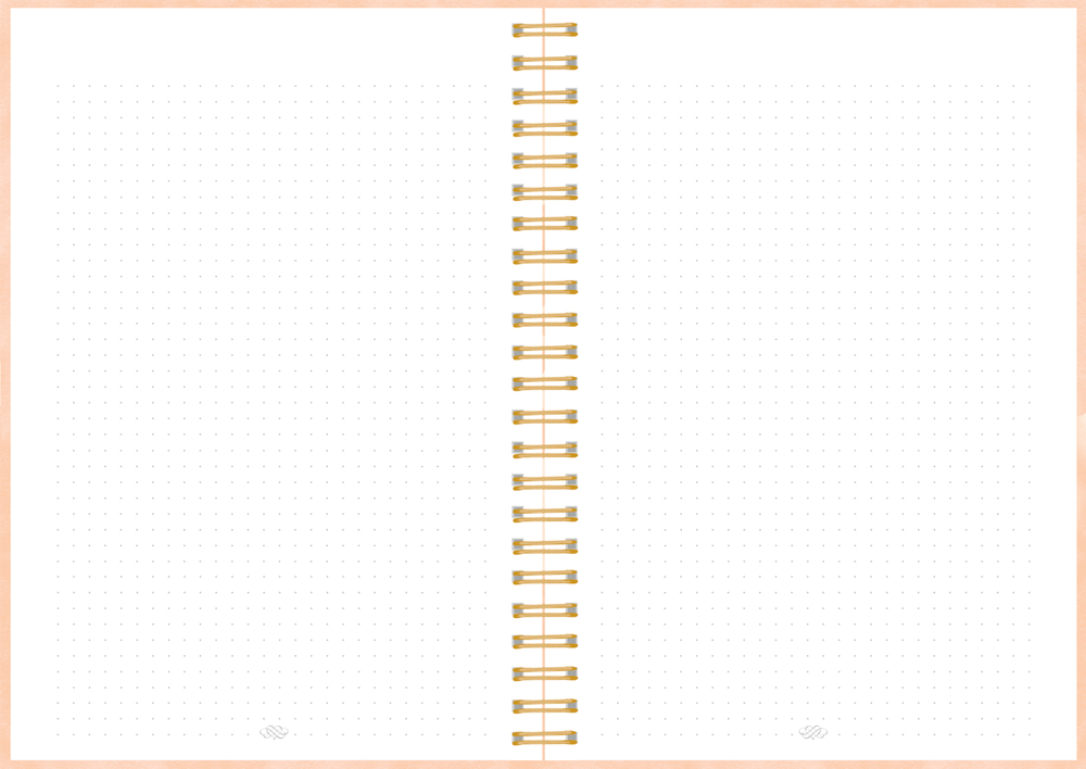 Offenes Spiralnotizbuch mit gepunkteten Seiten, von oben auf hellem Hintergrund betrachtet.