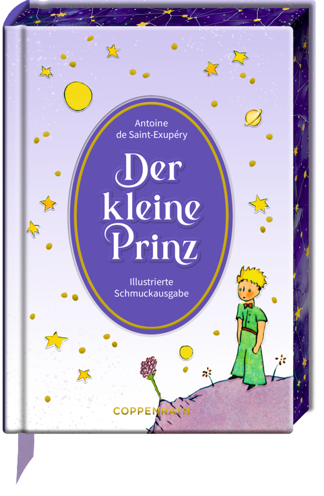 Das besondere Buch: A. de Saint-Exupéry, Der kleine Prinz Buchcover von dem kleinen Prinz, mit dem kleinen Prinzen auf seinem winzigen Planeten umgeben von Sternen auf einem lilanen Hintergrund.