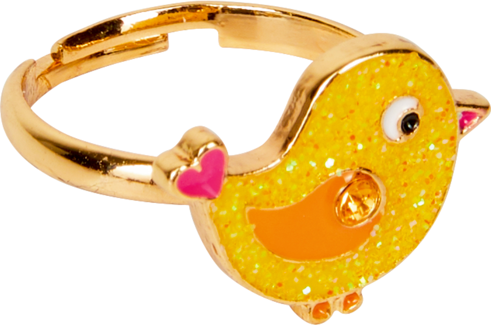 Goldring mit einem gelben Glitzervogel mit rosa herzförmigen Flügeln und einem orangefarbenen Schnabel.