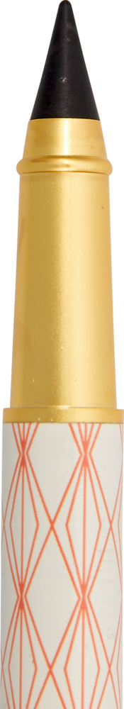 Gold-weißer Stift mit schwarzer Spitze und rotem geometrischem Muster auf dem Gehäuse, in Nahaufnahme gezeigt.