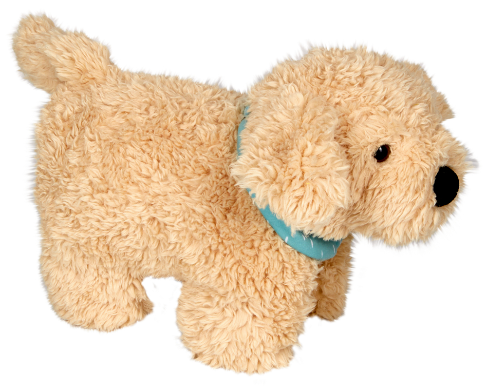 Schmusekissen Hund Justus - Lustige Tierparade Flauschiger beiger Stoffhund mit blauem Halsband und weichen Schlappohren.
