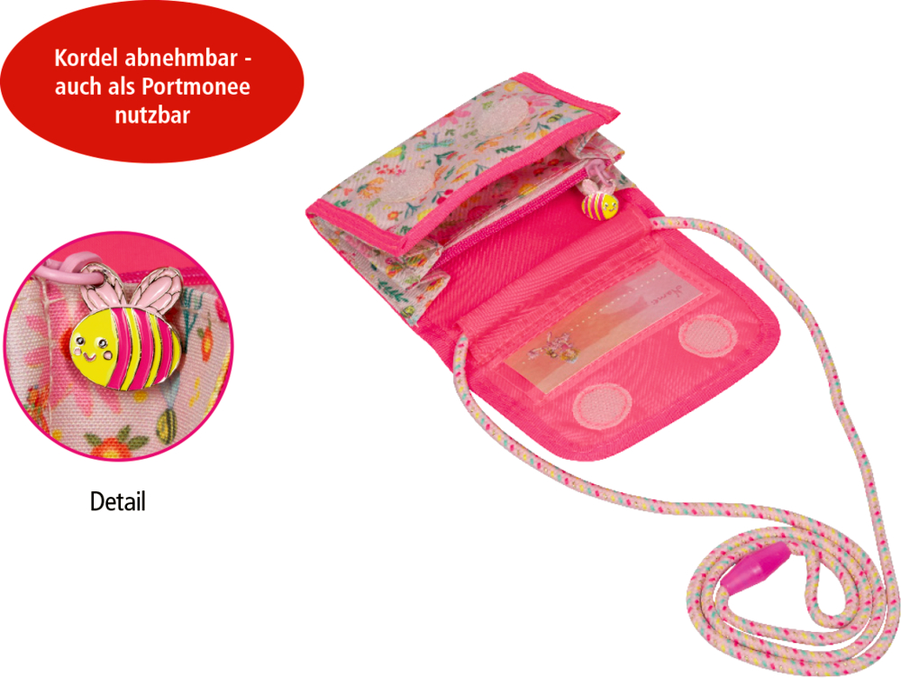 Aufgeklapptes pinkfarbenes Kinderportemonnaie mit abnehmbarem Band, Bienenanhänger und transparentem Ausweisfach.