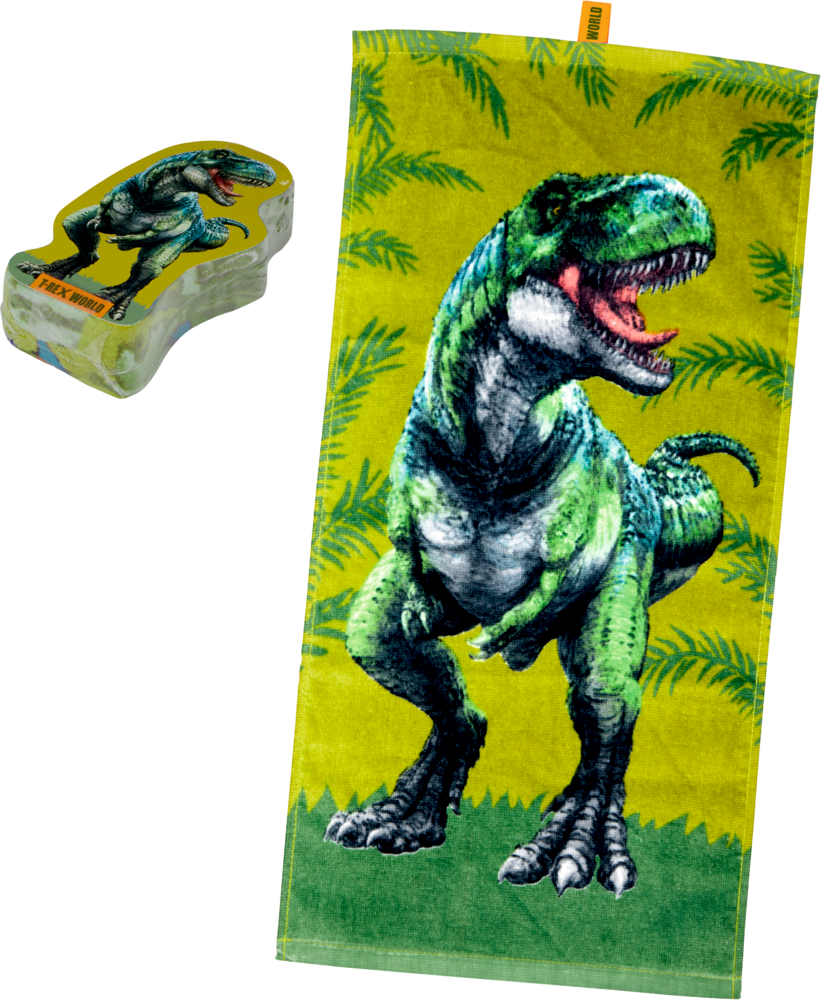 Zauberhandtuch T-Rex - T-Rex World Hellgrünes Handtuch mit einem brüllenden T. Rex, neben einer Verpackung in Form des Dinosauriers.