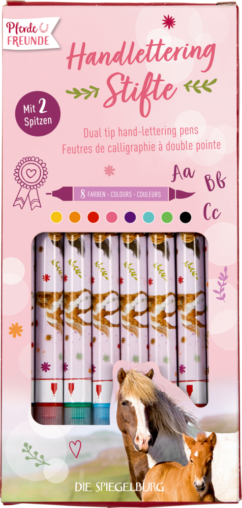 Handlettering-Doppelfaserstifte - Pferdefreunde Set mit Pinselstiften im Pferde-Design, pastellfarben, beidseitig, mit deutscher Beschriftung.