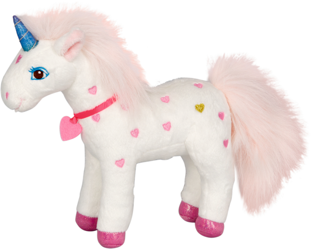 Ein weißes Kuscheltier-Einhorn mit pinken Herzen, blauem Horn, rosa Mähne und rosa Schweif.