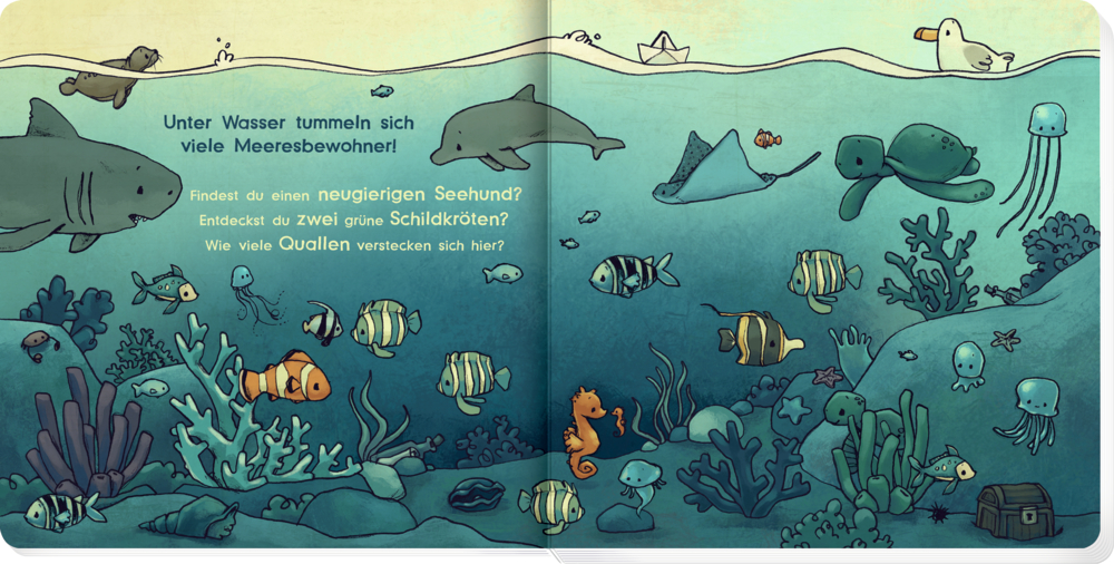 Blaue Unterwasser-Illustration mit Fischen, Delfin, Schildkröte, Robbe und buntem Korallenriff.