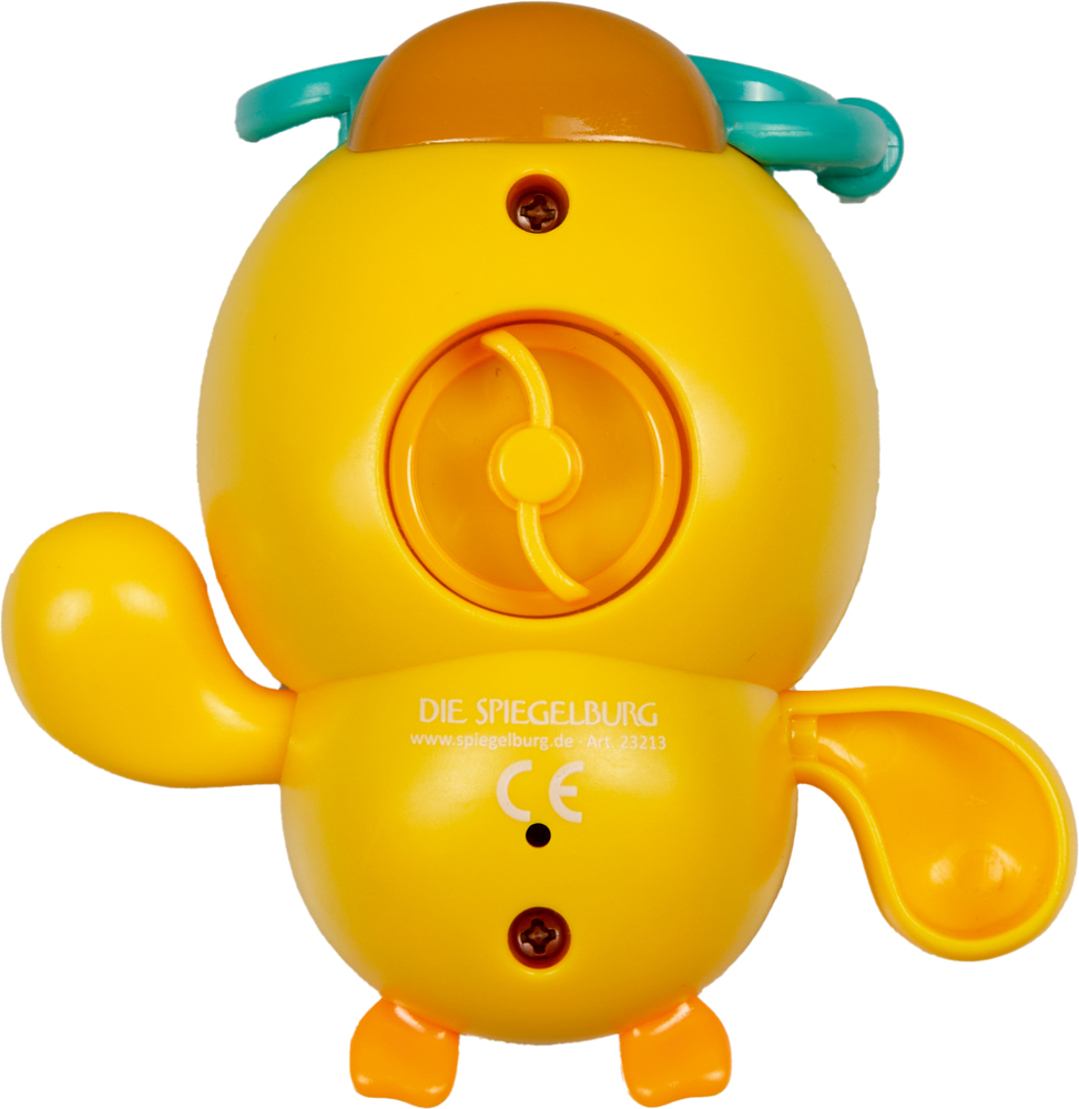Rückansicht eines gelben, Enten-Spielzeugs mit propellerartigen Flügeln.