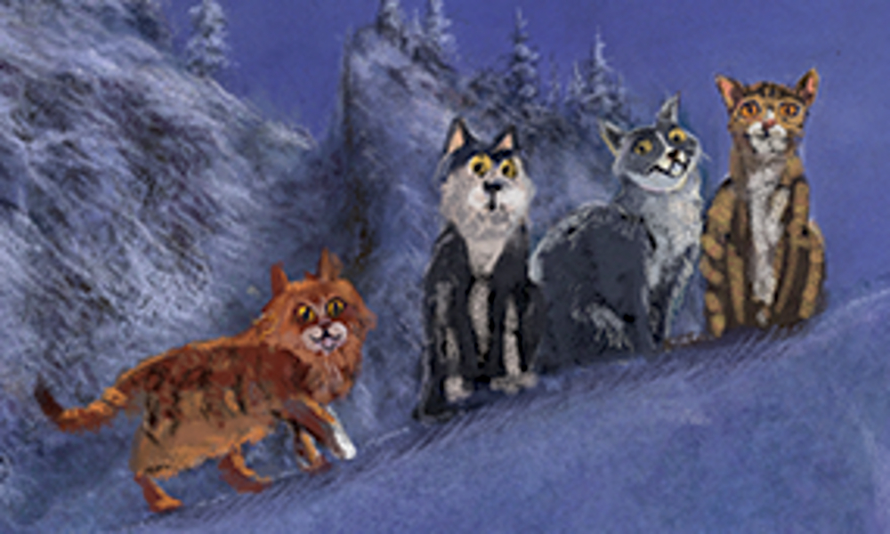 Vier illustrierte Katzen stehen auf einem schneebedeckten Hügel, im Hintergrund Kiefern und ein violetter Himmel.