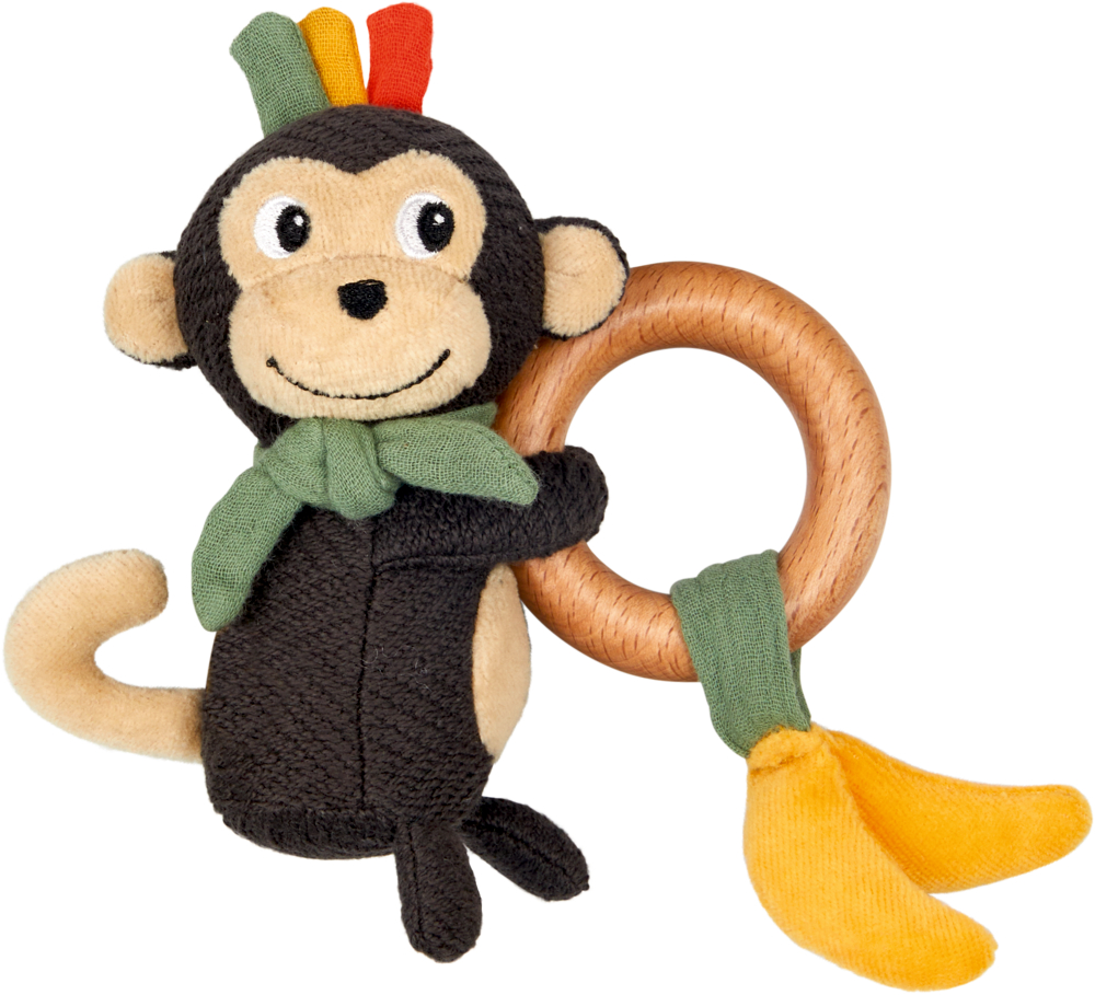 Plüschaffe als Spielzeug, der einen Holzring hält, an dem eine gelbe Stoffbanane befestigt ist.