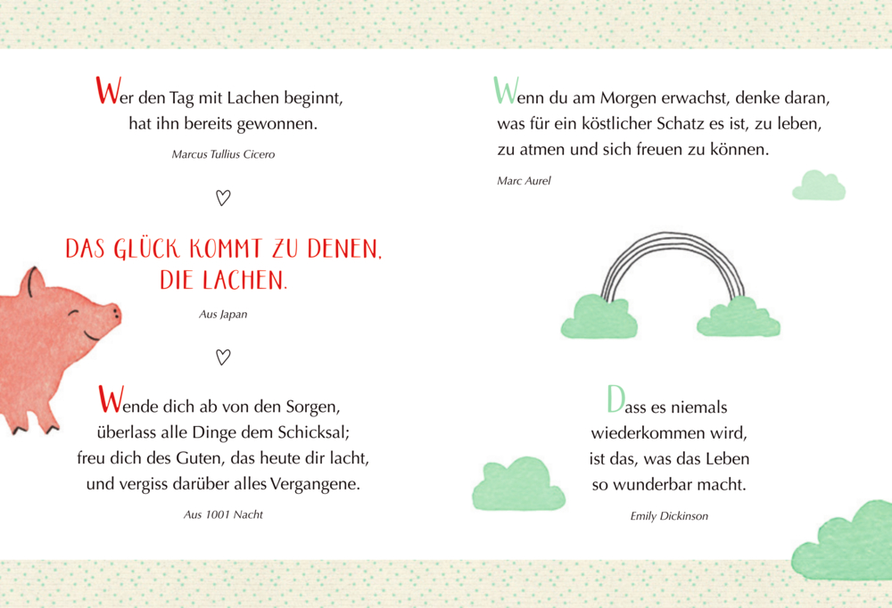 Vier Sinnsprüche in Schwarz- und Grüntönen mit Wolken, Regenbogen und einem rosa Schwein links unten.