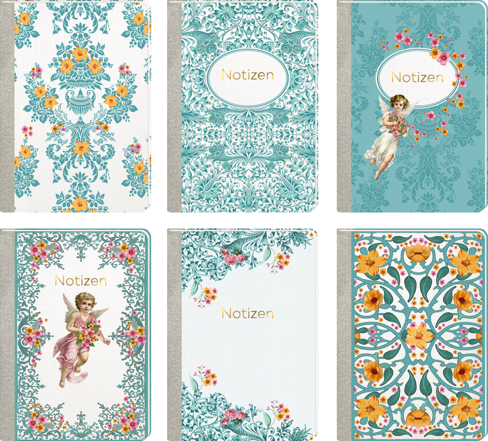 Sechs Notizbücher mit Blumenmustern, Engelmotiv und Ornamenten, alle mit Aufschrift "Notizen" auf dem Umschlag.