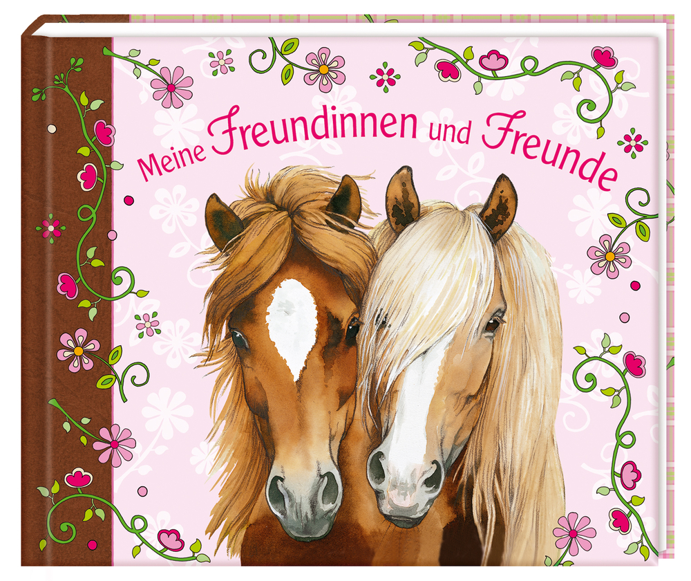 Meine Freundinnen und Freunde - Eintragbuch Pferdefreunde Illustration von zwei Pferden mit Blumen und dem Titel „Meine Freundinnen und Freunde“ auf rosa Hintergrund.