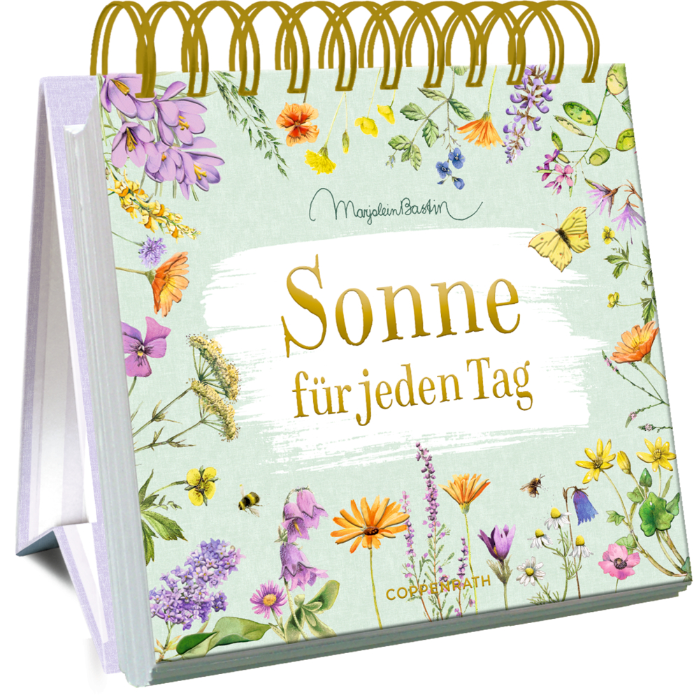 "Sonne für jeden Tag" ein floraler Tischkalender mit bunten Blumen und Schmetterlingen auf dem Cover.