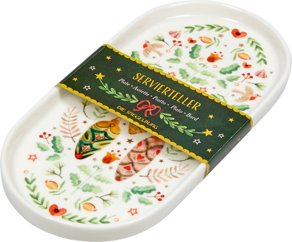Ovaler Porzellan-Servierteller mit buntem Blumendekor und grünem Papierband, beschriftet mit „Servierteller“.