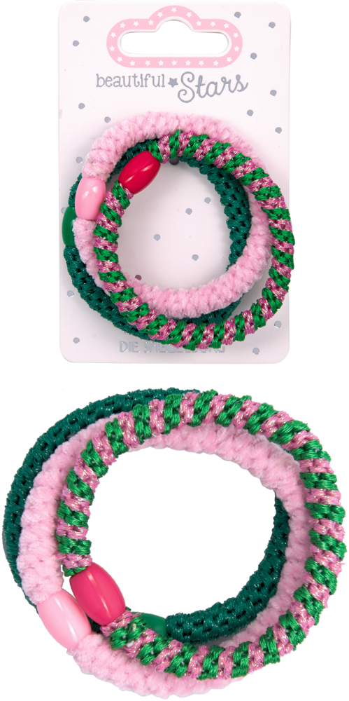 Drei elastische Haargummis in Rosa und Grün mit glänzenden Fäden und farbigen Kunststoffperlen, dadrüber diese drei Haargummis auf der Produktverpackung.