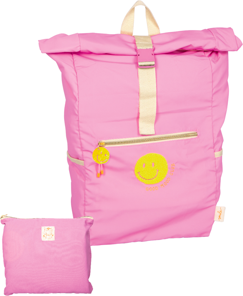 Rosa Rucksack mit gelbem Smiley und Fronttasche. Daneben ein passendes kleineres Täschchen.