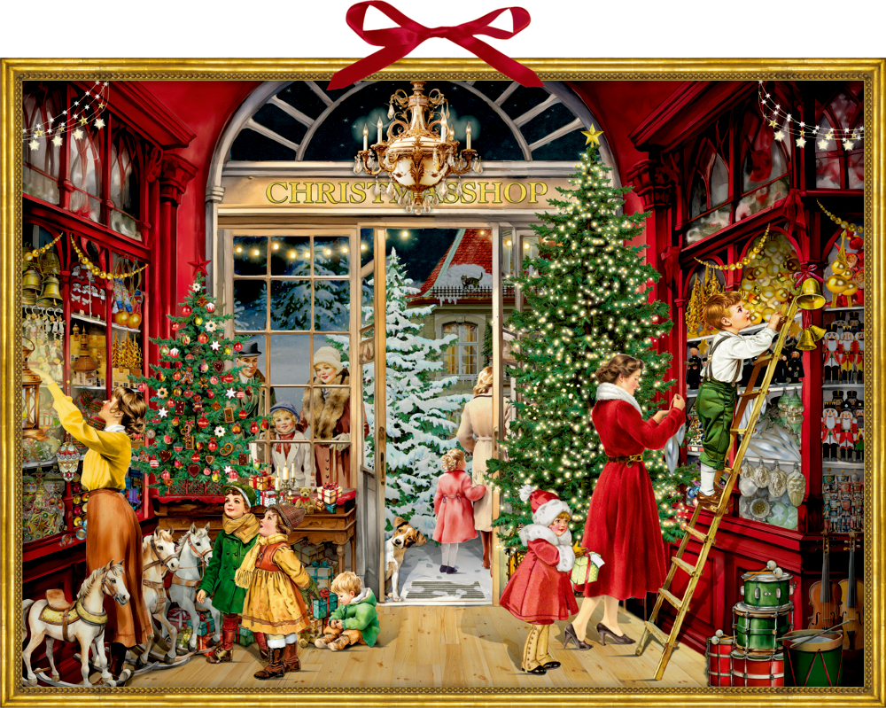Festlich geschmückter Weihnachtsladen, in dem Kinder und Erwachsene sich auf die Feiertage vorbereiten.