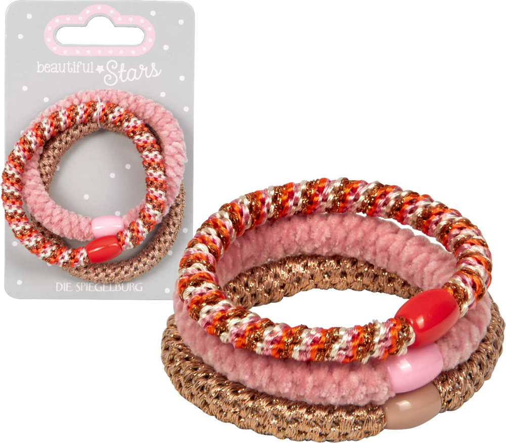 Set aus drei verschiedenen Glitzer-Haargummis mit rosa, gold und pink auf einer Displaykarte.