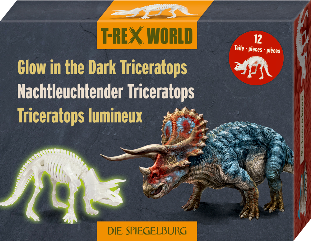 Nachtleuchtender Triceratops - T-Rex World Pappschachtel mit einem Triceratops und einer nachtleuchtenden Variante aus Plastik.