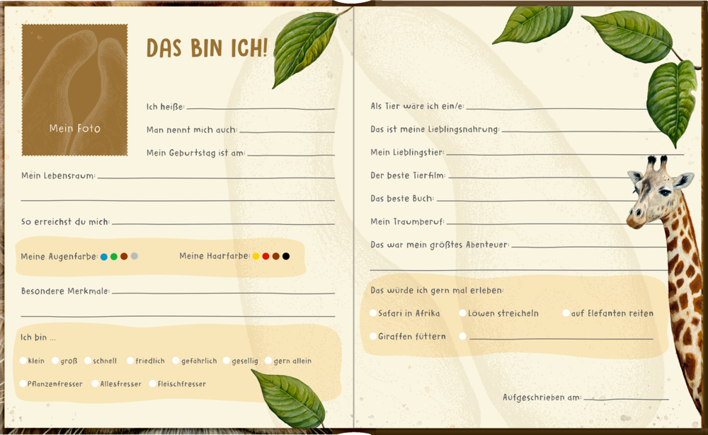 Freundebuchseite für Kinder: Giraffe, Blätter, Platz für Namen, Alter & Lieblingssachen zum Ausfüllen.