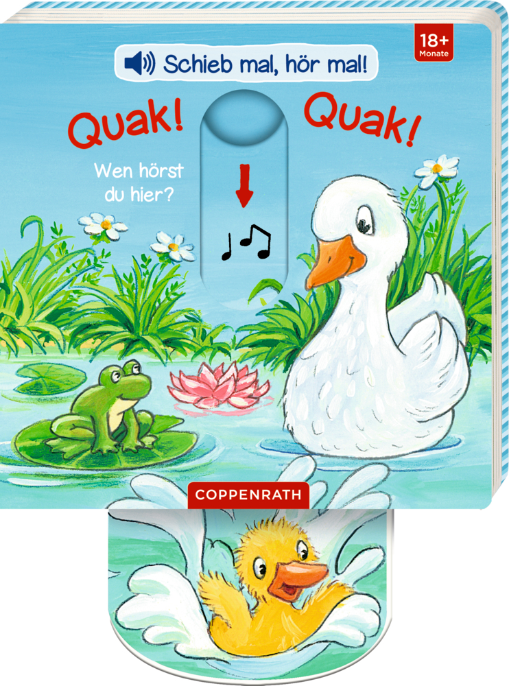 Schieb mal, hör mal!: Quak! Quak! Wen hörst du hier? Ente, Frosch und Entlein an einem Teich mit „Quak! Quak!“-Sound-Schieberegler; farbenfroh.