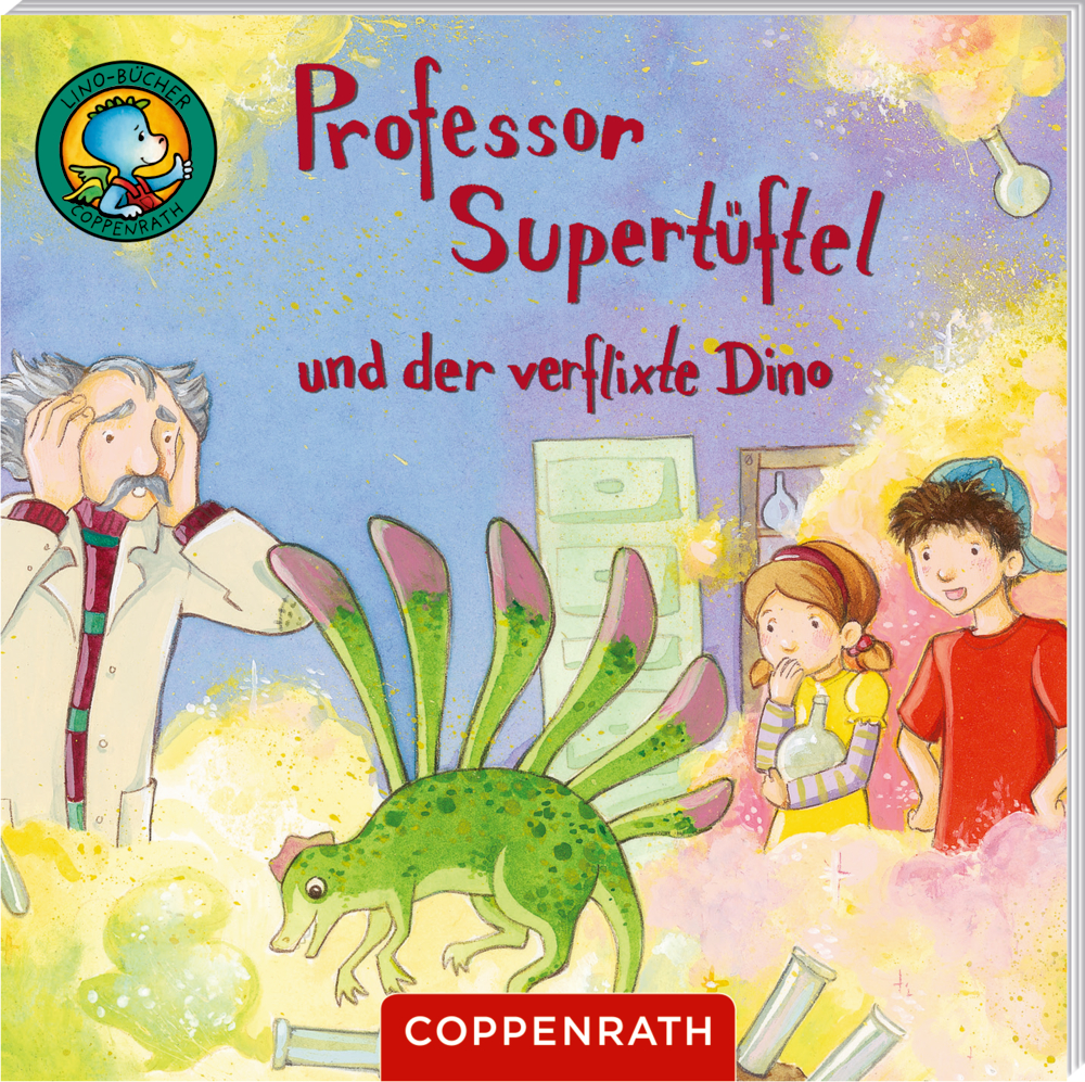 Buchcover mit älterem Mann, zwei Kindern und kleinem grünem Dino in Laborumgebung mit gelbem Dampf.