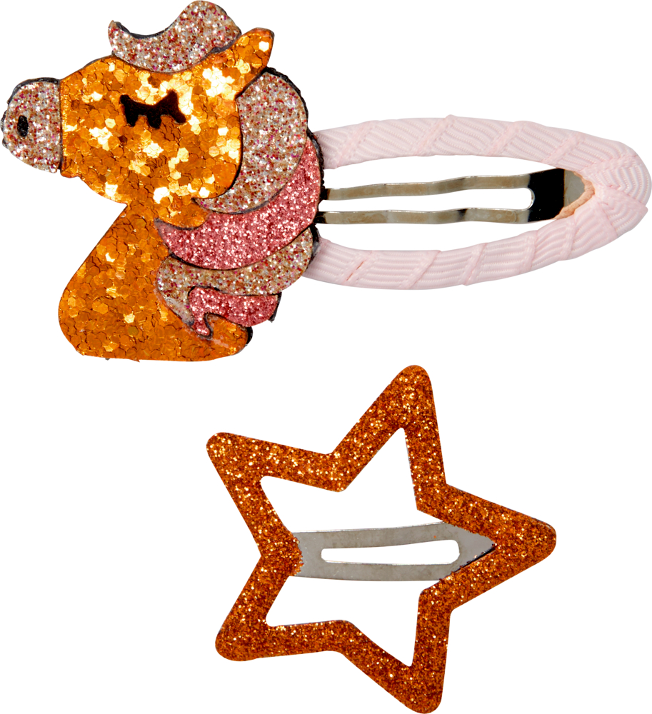 Ein glitzerndes Einhorn und eine sternförmige Haarspange, beide mit orangefarbenem und rosa Glitzer verziert.