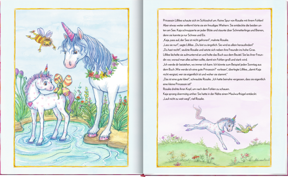 Pastellzeichnung mit einem großen und einem kleinen Einhorn an einem Teich.