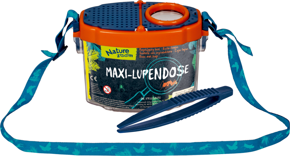 Maxi-Lupendose Nature Zoom Blau-orangefarbenes Insekten-Beobachtungsset mit Lupendeckel, blauem Band und blauer Pinzette.