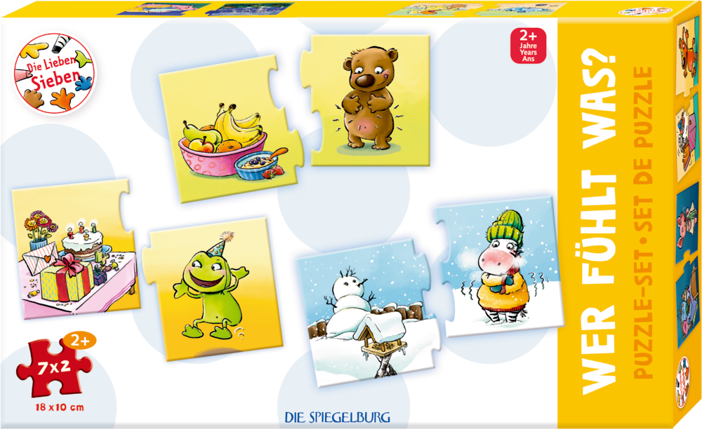 Puzzle-Set Wer fühlt was? (7x2 Teile) - Die Lieben Sieben Gelbe Pappschachtel mit Comic-Tieren und -Gegenständen mit der Aufschrift „WER FÜHLT WAS?“ –.