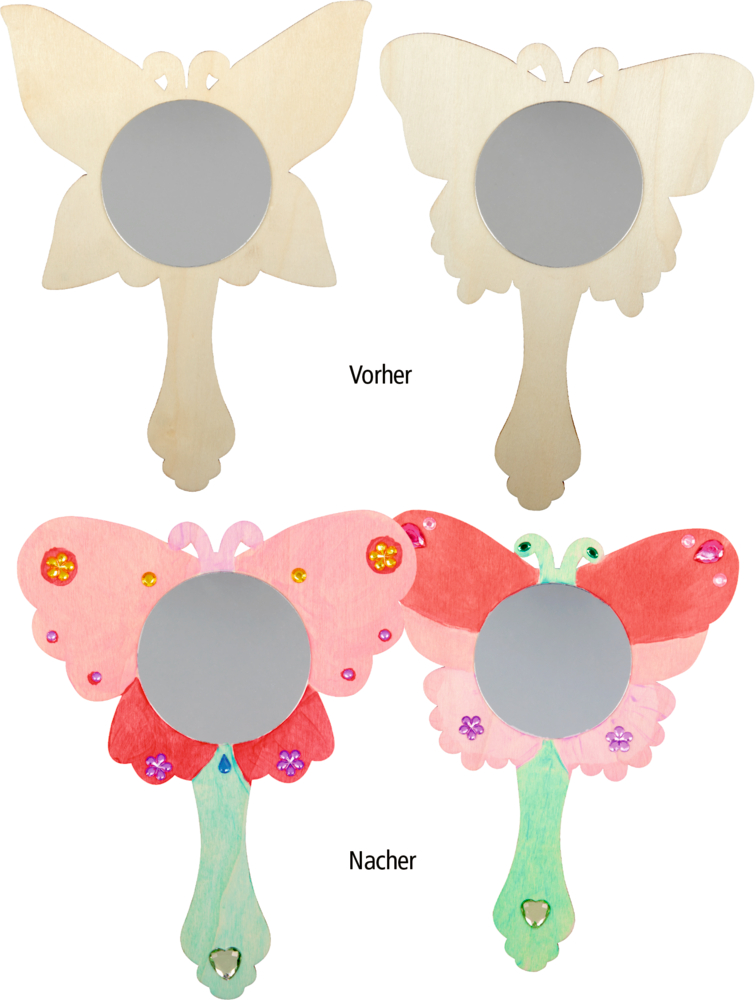 Zwei Schmetterlingsspiegel: oben schlichtes Holz, unten leuchtende Farben und Schmuckverzierungen.