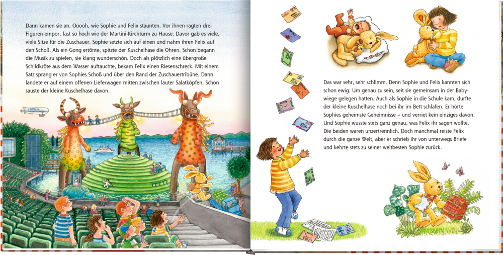 Zwei Seiten eines Kinderbuchs mit bunten Illustrationen von Kindern, Tieren und spielerischen Outdoorszenen und deutschem Text.