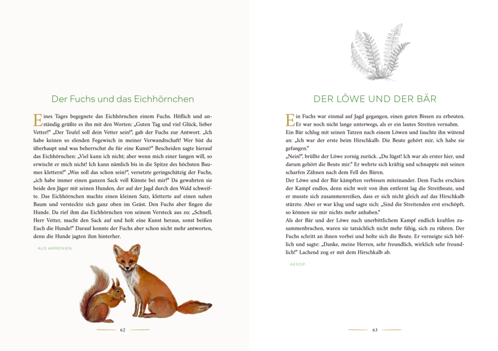 Illustration eines roten Fuchses und eines braunen Eichhörnchens auf hellem Hintergrund.