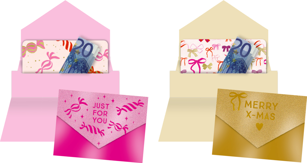 Zwei geöffnete Umschläge mit Geldschein und Geschenkkärtchen, dazu pinker Umschlag mit Aufdruck „Just for you“ und goldener Umschlag mit „Merry X-Mas“.