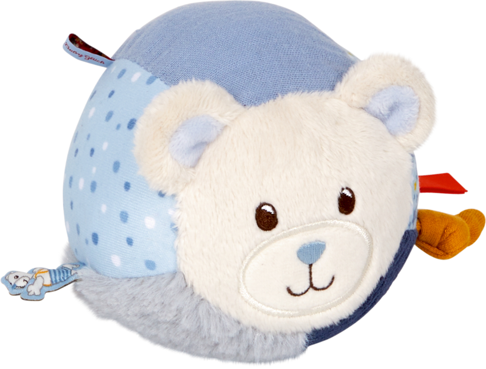 Activity-Ball Teddy, hellblau - BabyGlück Runder Plüschbärball aus blau-weißem Stoff mit einem lächelnden Bärengesicht.