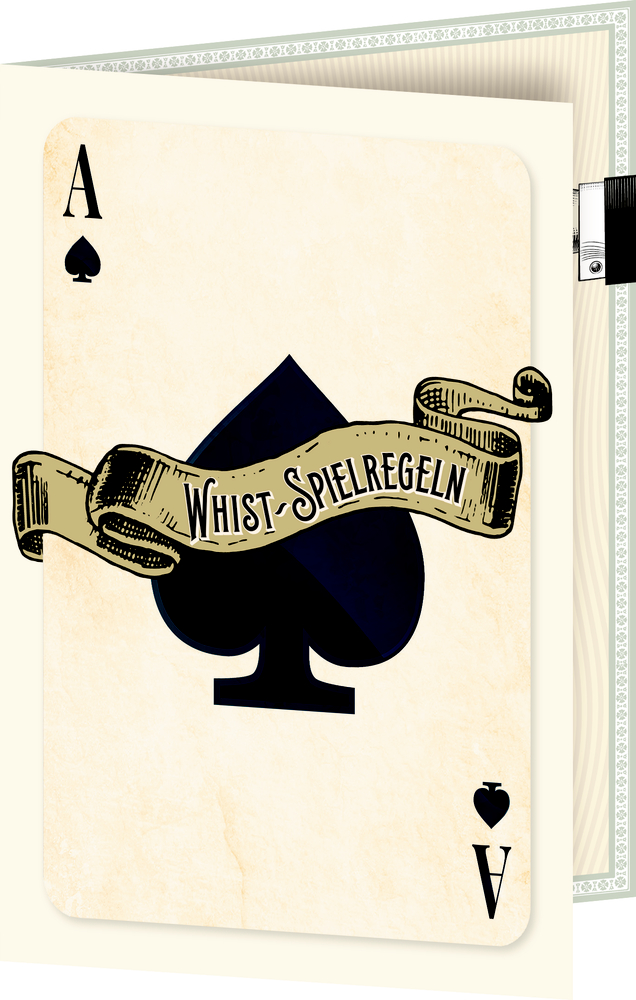 Pik-Ass-Karte mit einem Banner mit der Aufschrift „Whist-Spielregeln“ über dem Pik-Symbol, als Beilage.