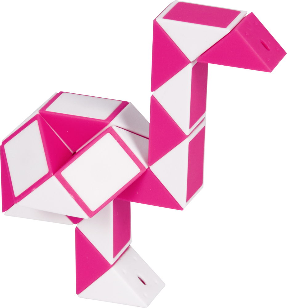 Ein rosa-weißes, drehbares Puzzlespielzeug in Form eines Vogels mit langem Hals.
