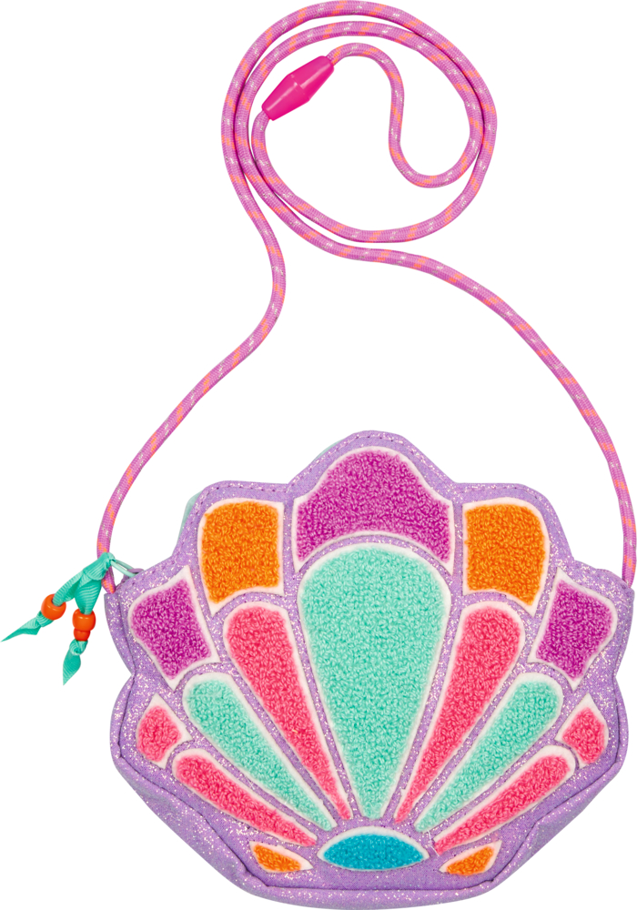 Eine Muschel-Tasche mit Mustern in Lila, Pink, Orange und Mintgrün sowie einem pinken Riemen.