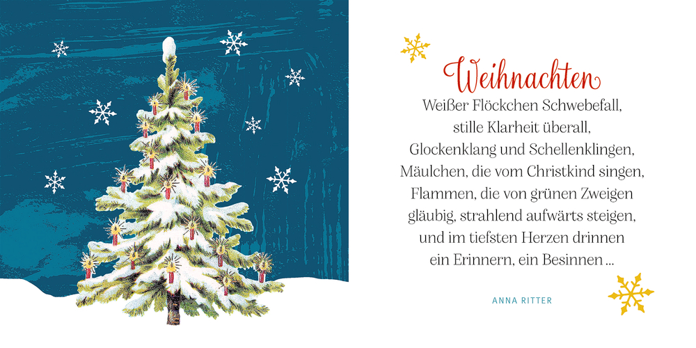 Geschmückter Weihnachtsbaum, Schneeflocken und Anna Ritters Weihnachtsgedicht auf blau-weißem Hintergrund auf einer Doppelseite.