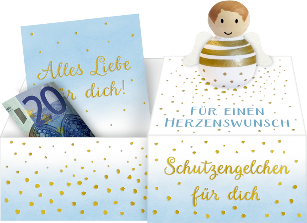 Wunscherfüller - Schutzengelchen für dich Geschenkschachtel mit einem kleinen Schutzengel aus Holz und Grußkarte.