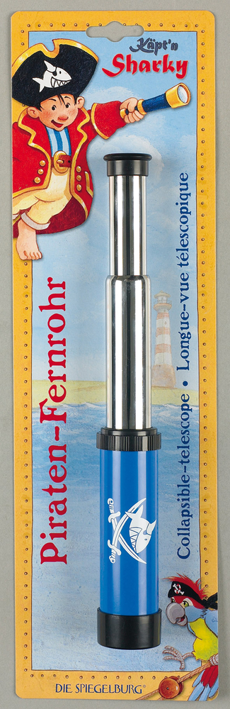 Piraten-Fernrohr Capt'n Sharky Zusammenklappbares Spielzeugfernrohr mit Piratenmotiv in einer Verpackung mit gezeichnetem Piratenmotiv.
