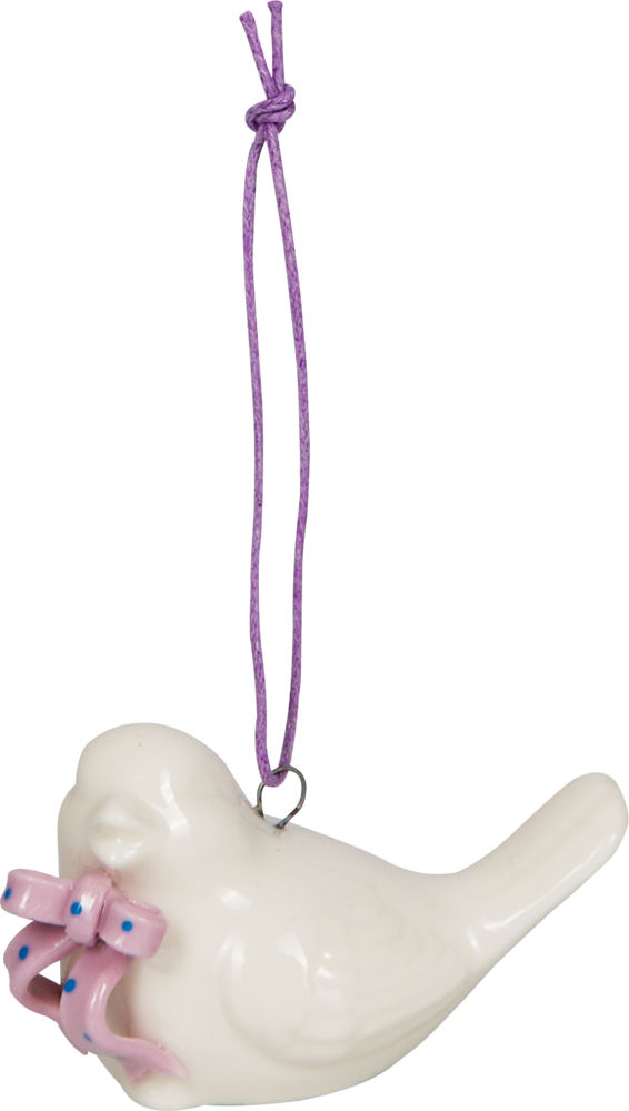 Weißer Keramikvogel mit violetter Schleife unter dem Schnabel und Aufhängeband.