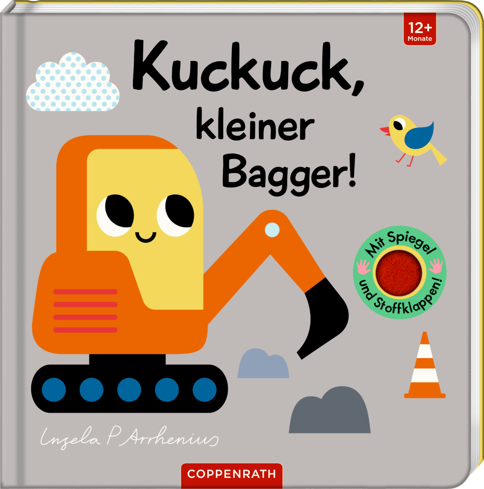 Mein Filz-Fühlbuch: Kuckuck, kleiner Bagger! (Fühlen & begreifen) Farbenfrohes Kinderbuchcover mit süßem orangefarbenen Bagger, Vogel, Wolke und dem Titel "Kuckuck, kleiner Bagger!".